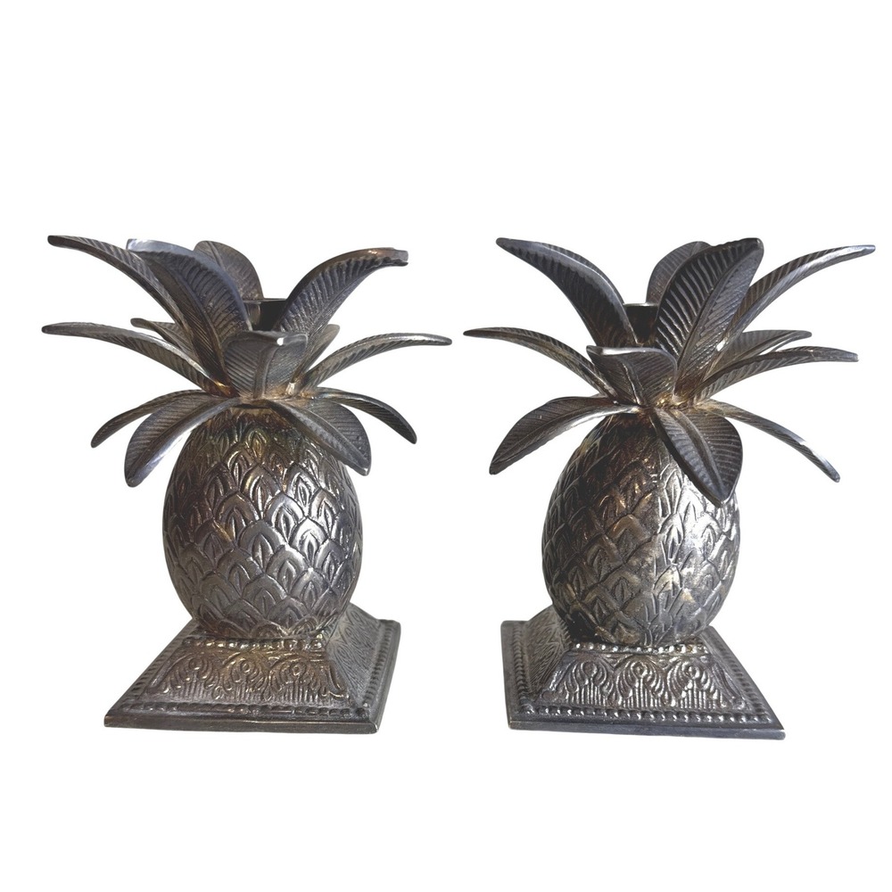 Vintage  Pineapple Taper Candle Holder Pair Dark‎ Silver Metal Type